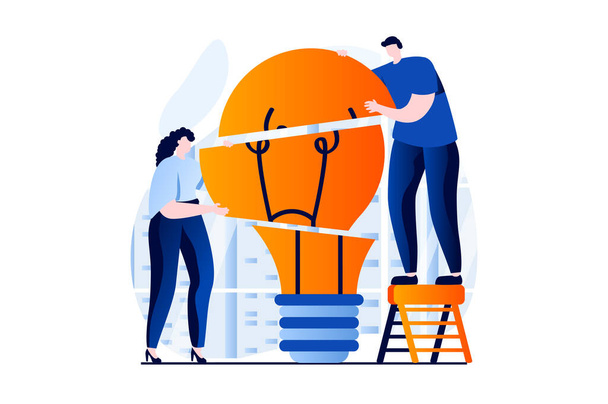 Teamwork concept with people scene in flat cartoon design. Man and woman generating new ideas, brainstorming, working together on project and partnership. Vector illustration visual story for web - Вектор,изображение