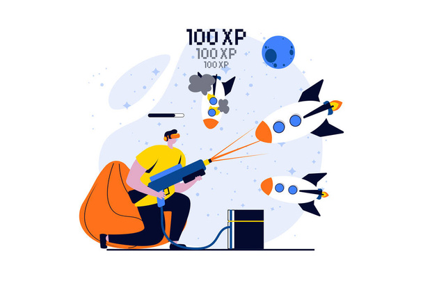 Virtual reality concept with people scene in flat cartoon design. Man in VR glasses plays video game with gaming laser gun in augmented space simulation. Vector illustration visual story for web - Vector, Image