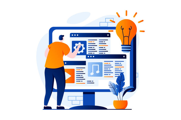 Web development concept with people scene in flat cartoon design. Man designer creates websites layouts, places elements on mockup, programming and testing. Vector illustration visual story for web - Vektor, Bild