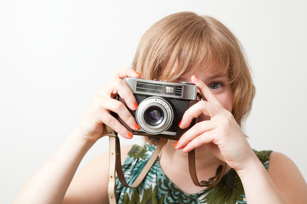 Woman with a vintage camera - Zdjęcie, obraz