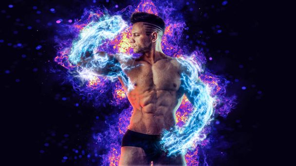 Muscular body builder lifting weight with energy lights on biceps concept. High quality photo - Foto, Imagem