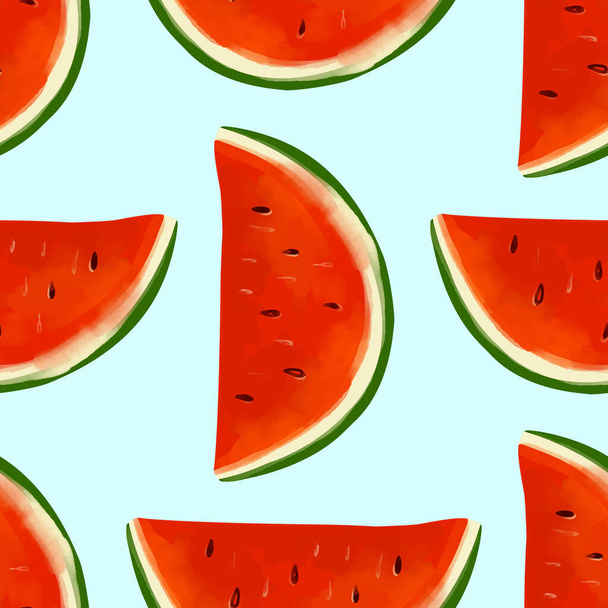 Nahtloses Muster mit iIllustration einer Wassermelone auf blauem Hintergrund. - Vektor, Bild