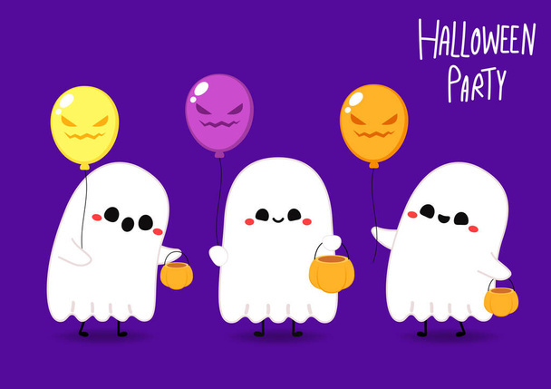 Happy halloween party greeting card with cute ghost. Holidays cartoon character. Cute spooky ghosts. - Vektor, Bild