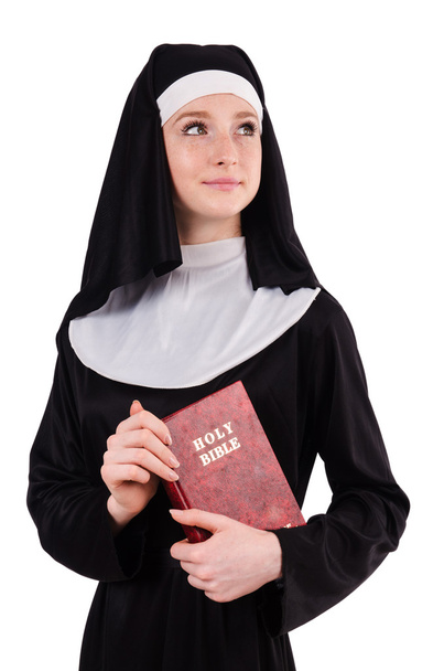 Jovem freira com bíblia isolada no branco - Foto, Imagem