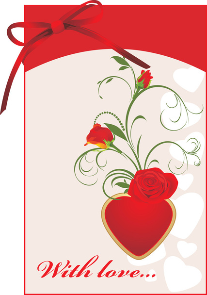 κόκκινα τριαντάφυλλα και καρδιά. του Αγίου Βαλεντίνου κάρτα με φιόγκο - Διάνυσμα, εικόνα