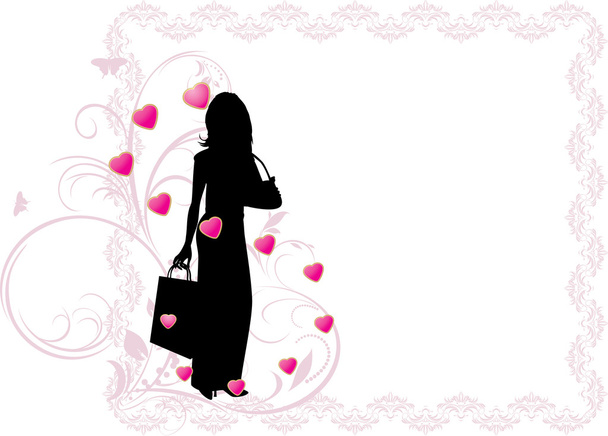Silueta elegante hermosa mujer en el marco decorativo con corazones
 - Vector, Imagen