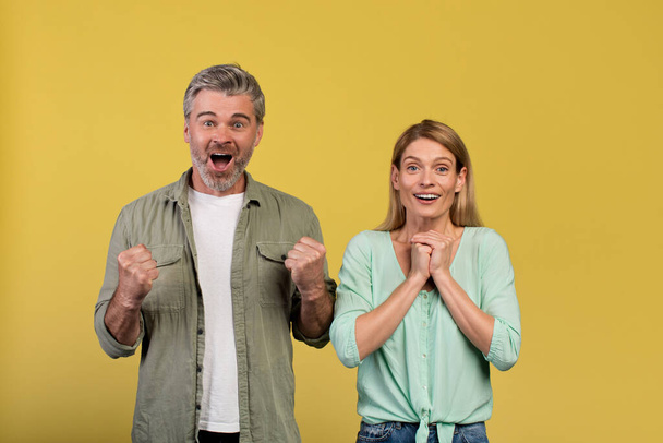 Wow, yes. Overjoyed middle aged man and woman cheering and shaking clenched fists, looking at camera in excitement, celebrating win over yellow studio background wall - Photo, image