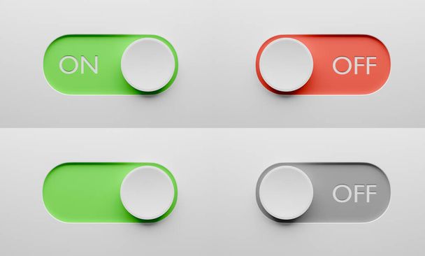 On and Off toggle switch buttons set. Switch design for app or website. 3d render. - Foto, Imagem