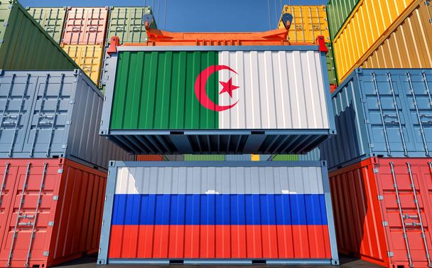 Cargo containers with Algeria and Russia national flags. 3D Rendering - Photo, image