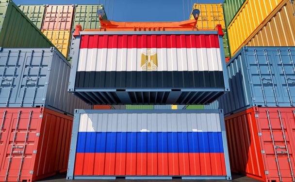 Cargo containers with Egypt and Russia national flags. 3D Rendering - Fotografie, Obrázek