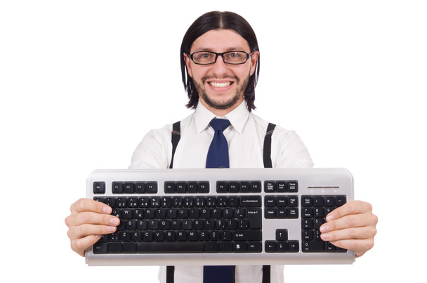 Joven empresario divertido con teclado aislado en blanco
 - Foto, imagen