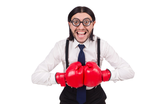 Funny young  businessman with boxing gloves isolated on white - Photo, Image