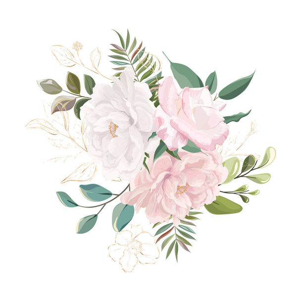 watercolor floral pattern with flowers, leaves, buds, branches, roses, peonies, branch, vector illustration - Vektori, kuva