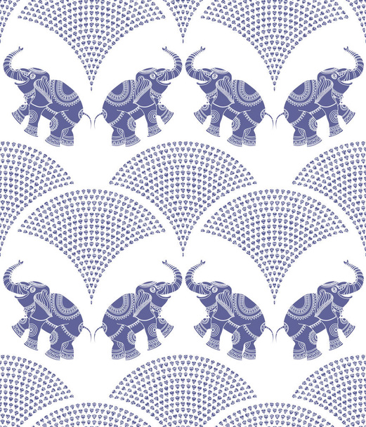Vector wavy seamless pattern from blue Indian elephant silhouette with ethnic ornaments and fountain from water drops on a white background - Vector, Image