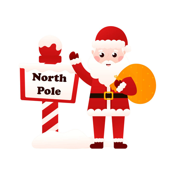 Santa Claus character waving hand and holding bag with gifts near north pole sign in cartoon style on white background, christmas clip art for poster design or cards - Wektor, obraz