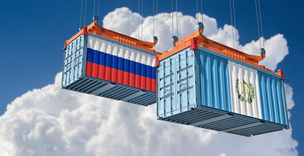 Frachtcontainer mit Nationalflaggen Guatemalas und Russlands. 3D-Rendering - Foto, Bild
