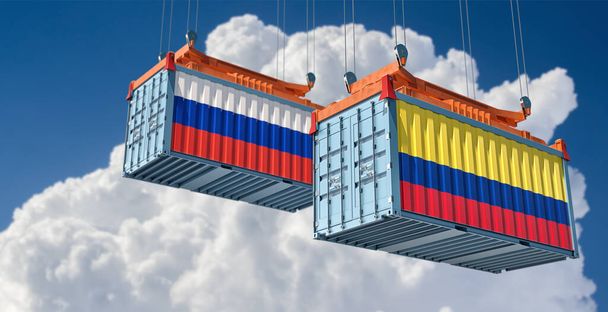 Frachtcontainer mit kolumbianischer und russischer Nationalflagge. 3D-Rendering - Foto, Bild