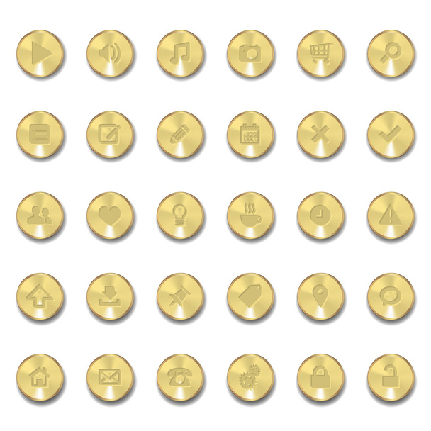 Set of metal icons with shadows on golden circles - Vector, Imagen