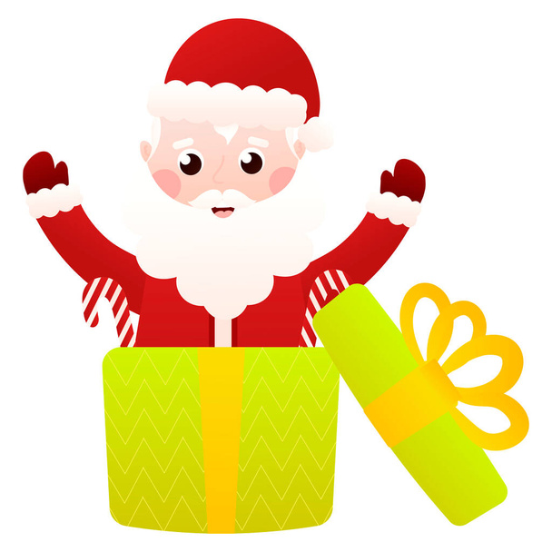 Kerstman springt uit de geschenkdoos in cartoon stijl op witte achtergrond, clip art voor poster ontwerp of wenskaarten, uitnodigingen - Vector, afbeelding