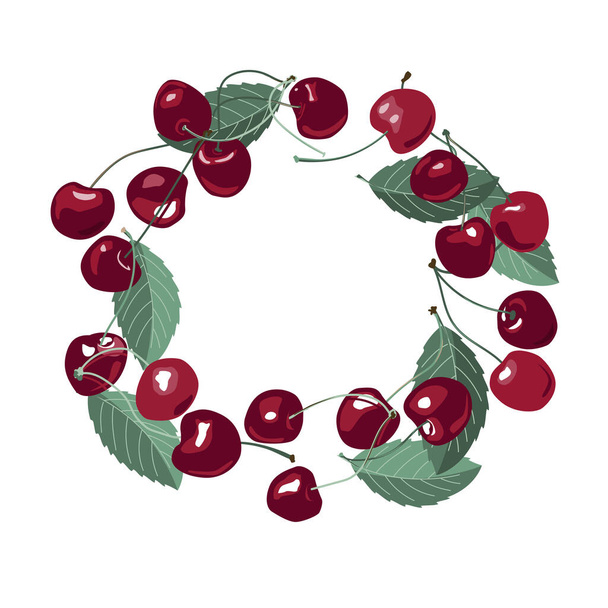 Circle composition with cherry fruits. Berry wreath frame, trendy summer background with cherries and leaves. Vector illustration isolated on white. - Vektör, Görsel