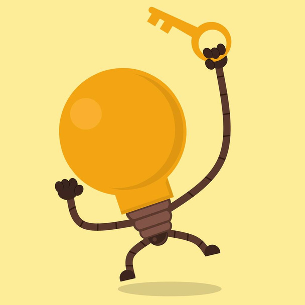 Illustration Vektor grafische Cartoon-Figur der Glühbirne hält einen Schlüssel. Beschreiben Sie eine Geschäftslösung, Brainstorming, Problemlösung usw.. - Vektor, Bild