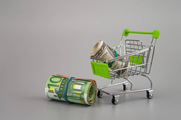 euro and dolar banknotes in rolls with supermarket trolley on gray background - Foto, imagen