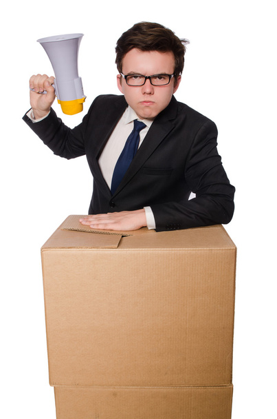 Hombre con altavoz en la caja - Foto, Imagen