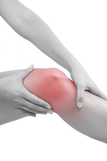 Жінка тримає коліно з підсвіченою зоною болю
 - Фото, зображення