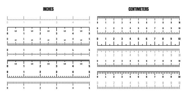 Realistic black centimeter and inch scale for measuring length or height. Various measurement scales with divisions. Ruler, tape measure marks, size indicators. Vector illustration. - Vector, Image