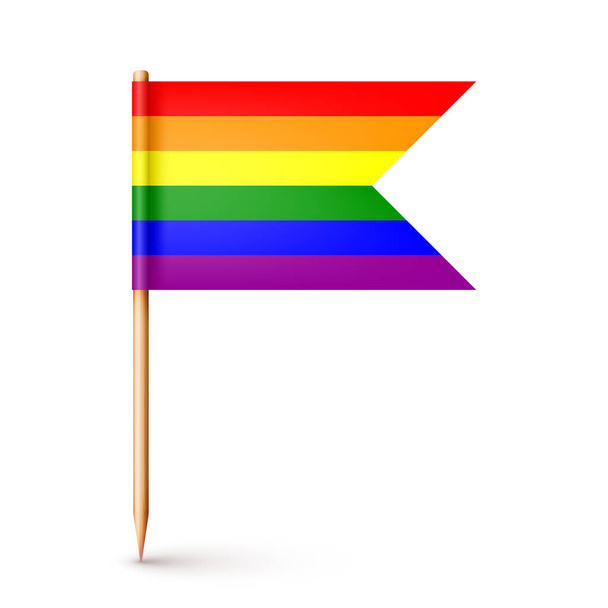 Palito de madeira realista com bandeira de papel LGBTQ arco-íris. Mockup em branco para publicidade e promoções. Mês de orgulho. Ilustração vetorial. - Vetor, Imagem
