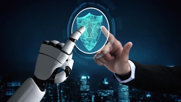 Futurystyczna sztuczna inteligencja robota oświecająca rozwój technologii AI i koncepcja uczenia maszynowego. Globalne badania nad robotami RPA dla przyszłości ludzkiego życia. Grafika renderowania 3D. - Materiał filmowy, wideo