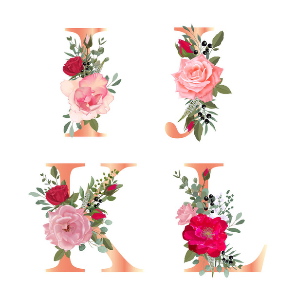 Floral Alphabet. Wedding invitations, greeting card, birthdaybe, logo, poster other ideas. Vector illustration. - Vector, imagen