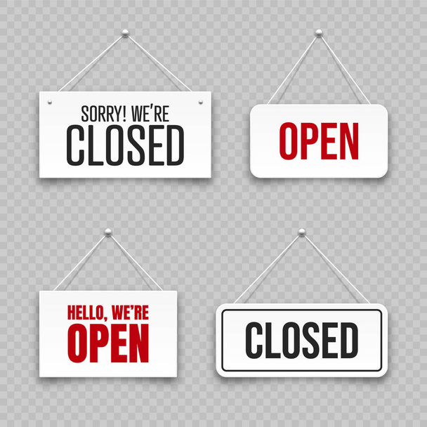 Realistic open or closed hanging signboards. Vintage door sign for cafe, restaurant, bar or retail store. Announcement banner, information signage for business or service. Vector illustration. - Vector, Image
