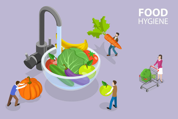 3D Isometric Flat Vector Conceptual Illustration of Food Hygiene, Washing Raw Foods - Vector, Image