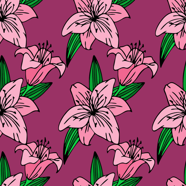 seamless repeating pattern of large pink lily flowers on a purple background, texture, design - Vector, imagen
