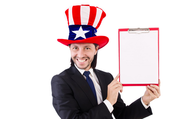 Επιχειρηματίας φορώντας καπέλο ΗΠΑ με χαρτί - Φωτογραφία, εικόνα