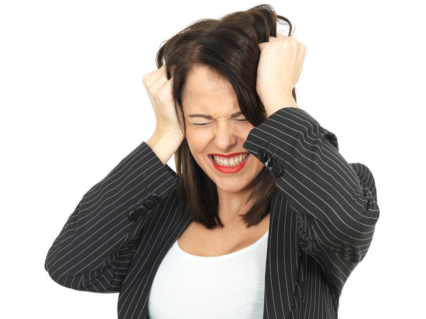 Enojado frustrado joven mujer de negocios tirando del pelo
 - Foto, Imagen