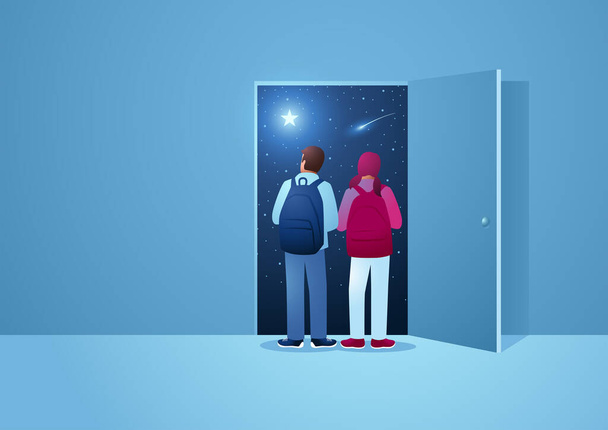 Vector illustration of two children looking through the open door to see the vastness of outer space, imagination,   to the unknown, open the knowledge, vector illustration - Wektor, obraz