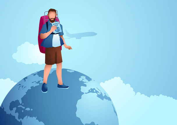 Simple flat vector illustration of a tourist standing on globe and holding a map, travel, tourism - Vecteur, image