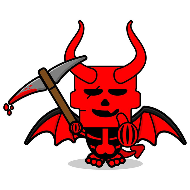 cartoon vector cute skull red devil mascot character holding a bloody pickaxe - Wektor, obraz