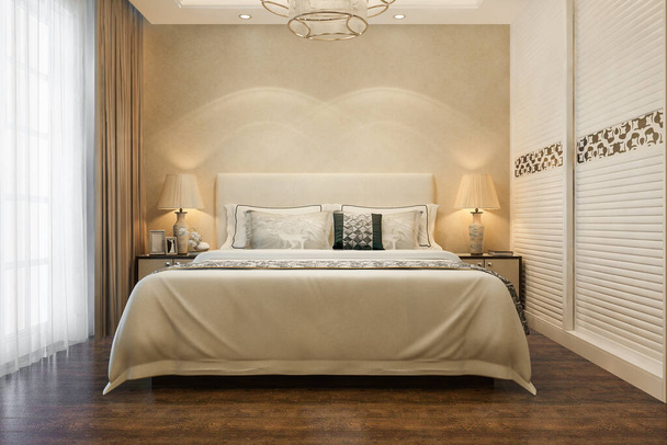 3D-Rendering Luxus moderne Schlafzimmer-Suite im Hotel mit Kleiderschrank und begehbarem Kleiderschrank - Foto, Bild