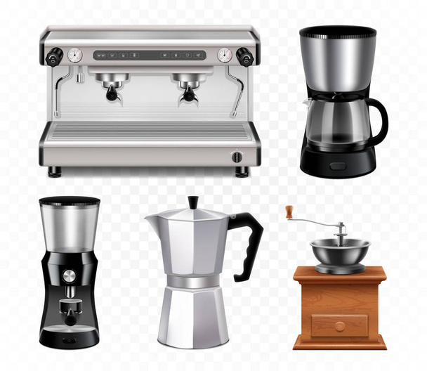 Different types of coffee makers and coffee machines. Coffee maker, professional coffee machine, Manual Coffee Grinder, Turkish coffee pot. Realistic 3d vector illustration - Fotó, kép