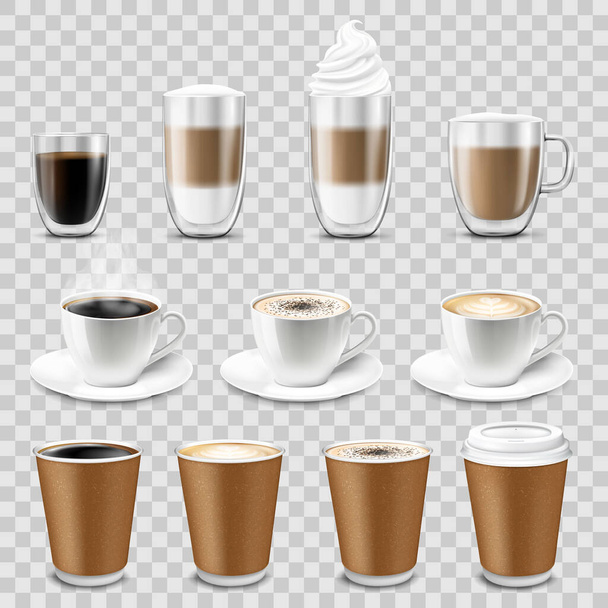 Kávé csésze készlet, elszigetelt átlátszó háttérrel. Dupla falú üveg bögre forró itallal, americano, Cappuccino, eszpresszó, latte, tejbarna kávé, vektor realisztikus 3d, gúnyolódni. - Fotó, kép