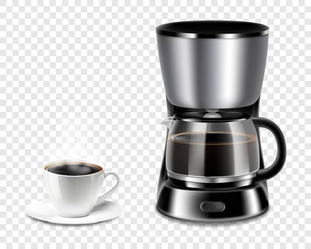 Şeffaf arka planda beyaz kahve fincanı olan gerçekçi kahve makinesi, kahve makinesi 3D vektör çizimi.. - Fotoğraf, Görsel