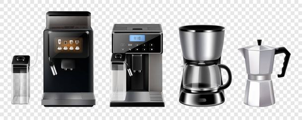 Coffee maker machines, cafe and barista brewing tools, vector 3d realistic set. Coffee makers and machines, espresso drip pot, french press and filter kettle, coffee grinder - Foto, Imagen