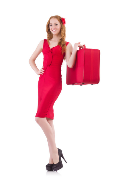 Woman in red dress and travel case - Zdjęcie, obraz