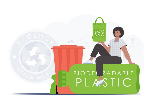 The concept of ecology and care for the environment. The guy sits on a bottle made of biodegradable plastic and holds an ECO BAG in his hands. Trend style.Vector illustration. - Vector, afbeelding