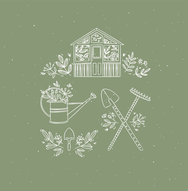 Village kokoelma kuvakkeita talo, puutarha työkalut, lapio, rake, kastelukannu piirustus graafiseen tyyliin vihreällä taustalla - Vektori, kuva