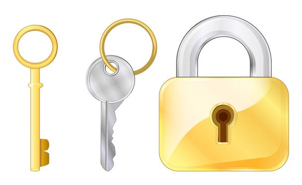 lock and bunch of keys. Realistic silver and gold metal. old and modern keys The concept of privacy, security and protection, House or apartment rental or sale. Vector icons or symbol. - Вектор,изображение