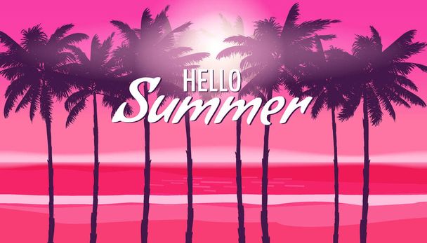 Hello Summer night party coast landscape background with palms, design template, flyer. Summertime banner, card, placard. Vector illustartion - ベクター画像